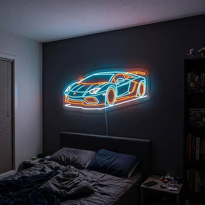 LAMBO Racer Neon LED Schild an der Schlafzimmerwand über dem Bett
