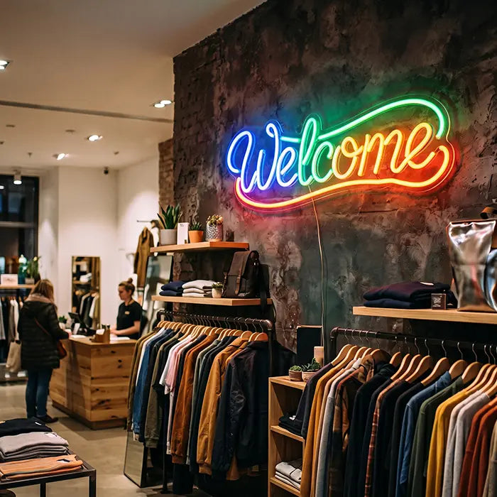 Welcome Neon LED Schild über Kleiderständern in einem Modegeschäft