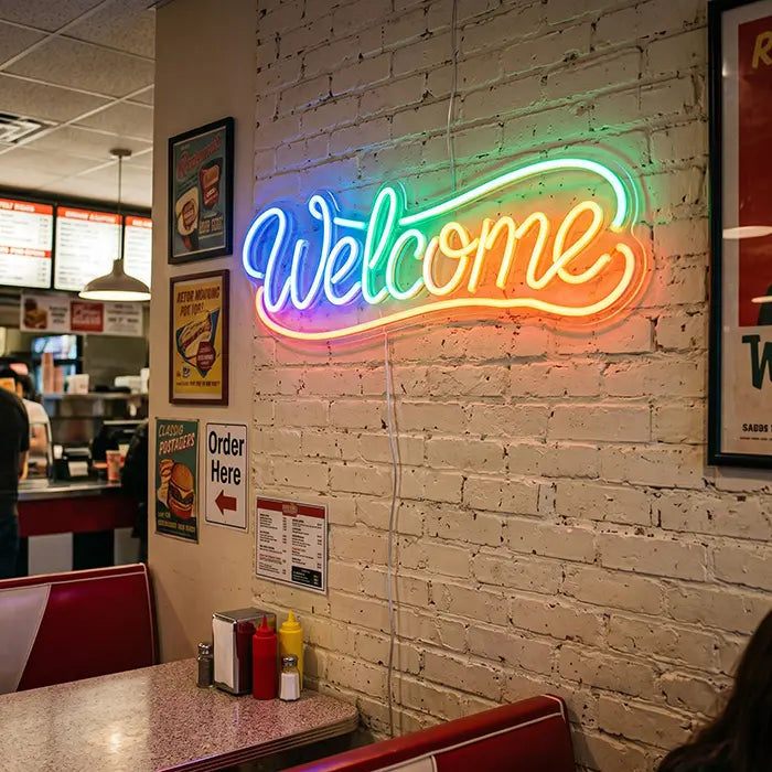 Welcome Neon LED Schild an einer weißen Backsteinwand in einem Diner