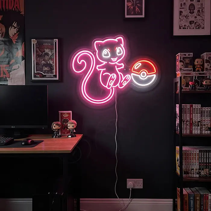 Süßer Mew mit Pokéball Neon LED Schild – Dimmbar mit Fernbedienung | Pokémon Gaming Wanddeko