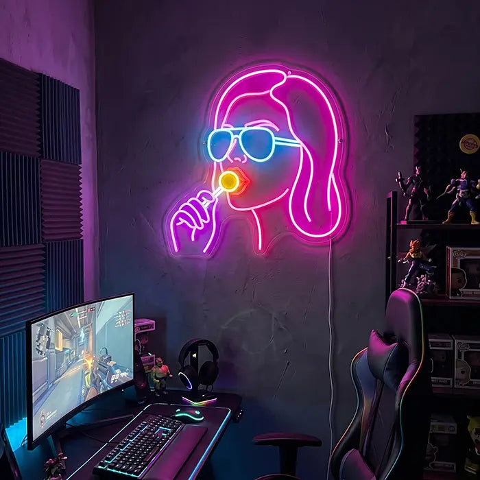 Girl mit Lollipop Neon LED Schild – Dimmbar mit Fernbedienung | Pop-Art Wanddeko
