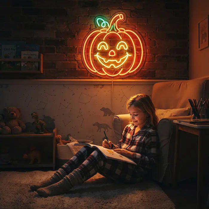 Glücklicher Halloween Kürbis Neon LED Schild – Dimmbar mit Fernbedienung | Halloween Deko