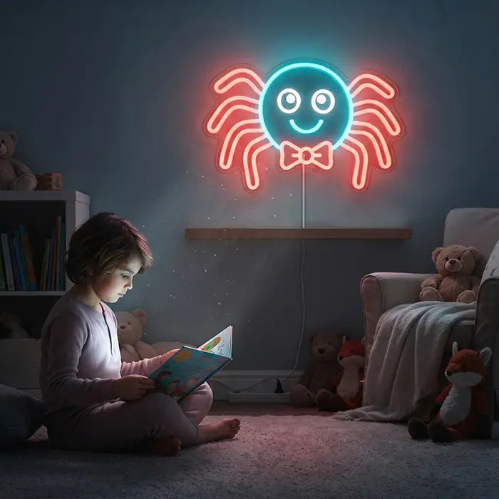 Süße Spinne Neon LED Schild – Dimmbar mit Fernbedienung | Kinderzimmer Halloween Deko