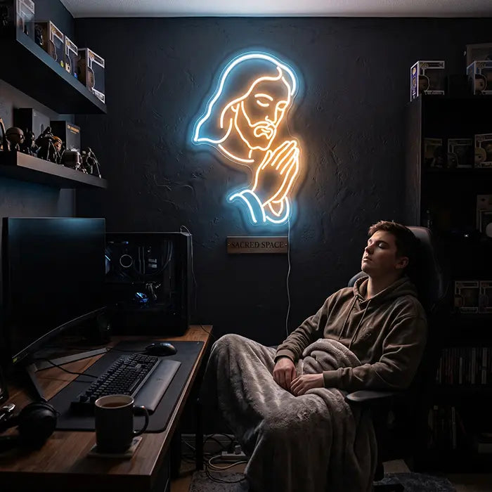Bete mit Jesus Neon LED Schild – Dimmbar mit Fernbedienung | Christliche Wanddeko