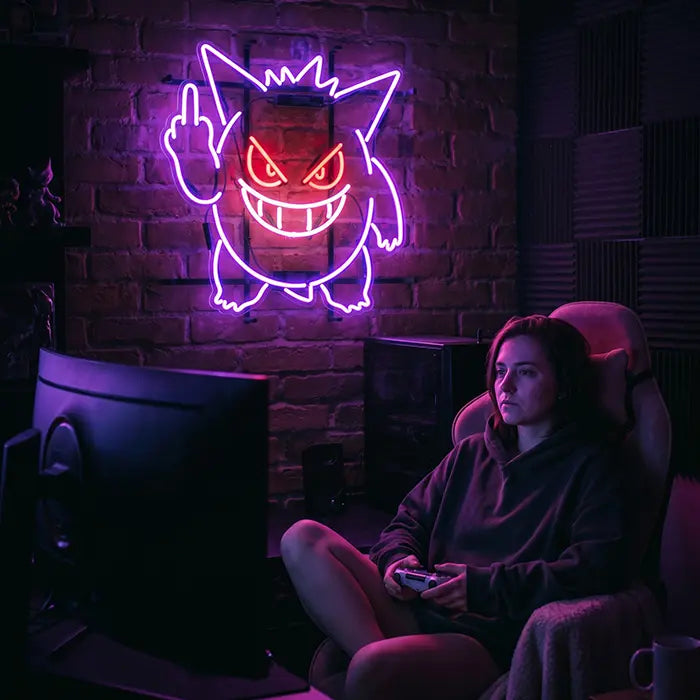 Gengar Mittelfinger Neon Pokémon  LED Schild – USB Leuchtschild | Gamer Wanddeko
