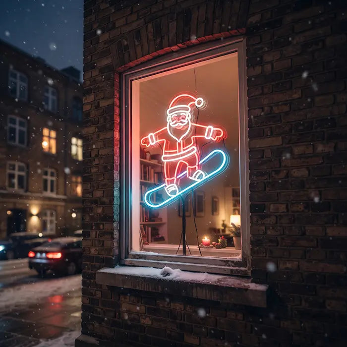 Weihnachtsmann mit Snowboard Neon LED Schild im Fenster eines Backsteinhauses, von der verschneiten Straße aus gesehen