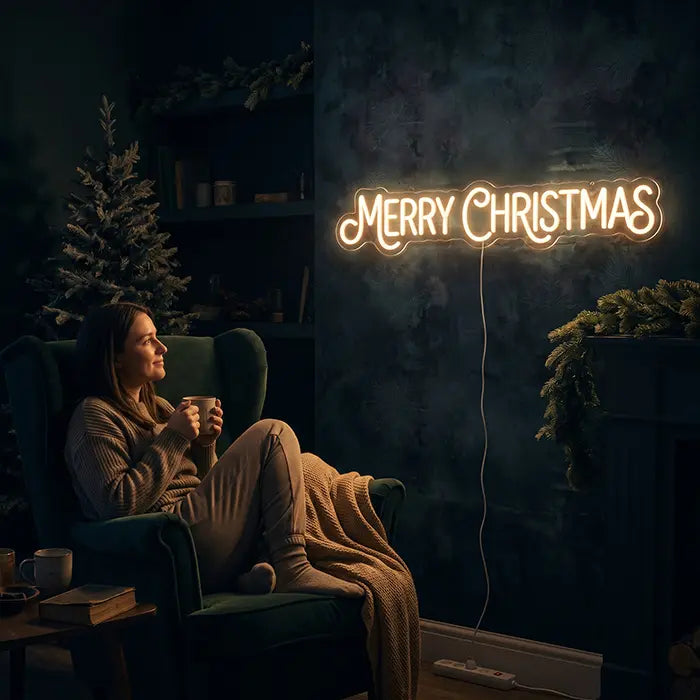 Merry Christmas Neon LED Schild an der Wand über einer Person im Ohrensessel mit Tasse, daneben ein Weihnachtsbaum