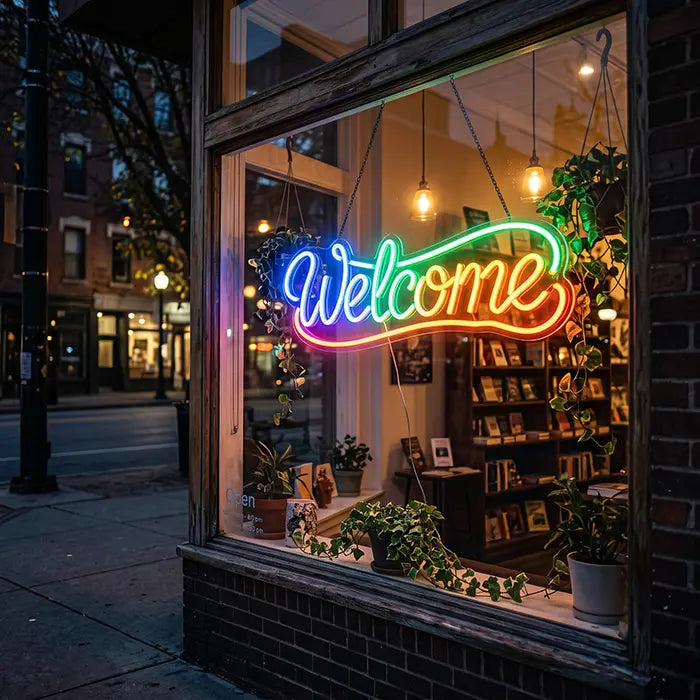 Welcome Neon LED Schild im Schaufenster einer Buchhandlung