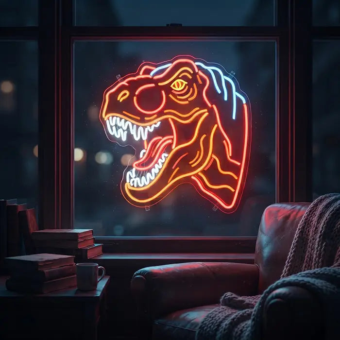 T-Rex Dino Neon LED Schild im Fenster bei Nacht, daneben Ledersessel, Wolldecke und Bücherstapel