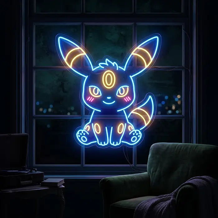 Pokémon Baby Nachtara Neon LED Schild im Sprossenfenster, davor ein Sessel mit Decke im abgedunkelten Raum