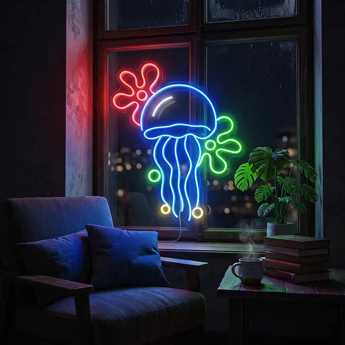 Qualle mit Blumenwolken Neon LED Schild im Fenster über einem Sessel, dahinter die Lichter der Stadt bei Nacht