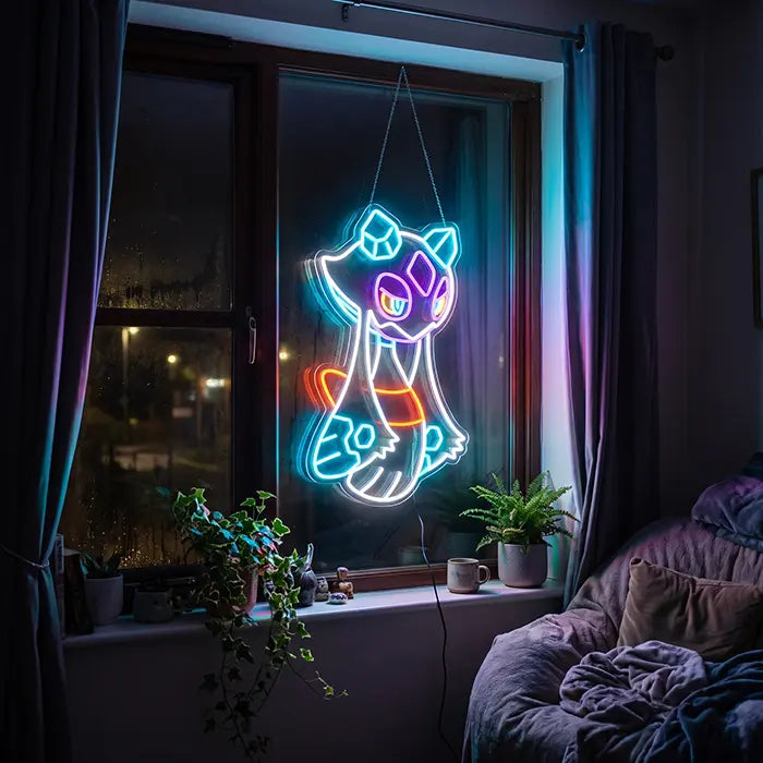 Pokémon Frosdedje Neon LED Schild in einem Fenster mit Pflanzen, davor ein Sessel