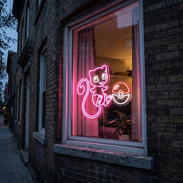 Süßer Mew mit Pokéball Neon LED Schild – Dimmbar mit Fernbedienung | Pokémon Gaming Wanddeko