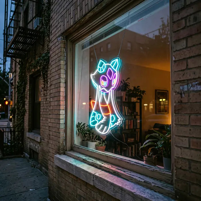 Pokémon Frosdedje Neon LED Schild im Fenster eines Backsteinhauses, in der Dämmerung von der Straße aus gesehen