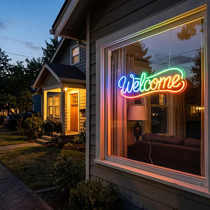 Welcome Neon LED Schild im Fenster eines Wohnhauses in der Abenddämmerung