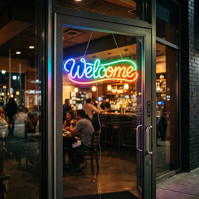 Welcome Neon LED Schild an der Glastür eines Restaurants