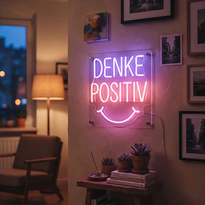 Denke Positiv Neon LED Schild an einer Wohnwand neben Bilderrahmen, Stehlampe und Sukkulenten