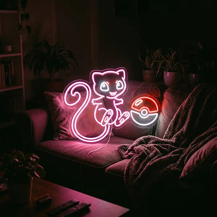 Süßer Mew mit Pokéball Neon LED Schild – Dimmbar mit Fernbedienung | Pokémon Gaming Wanddeko