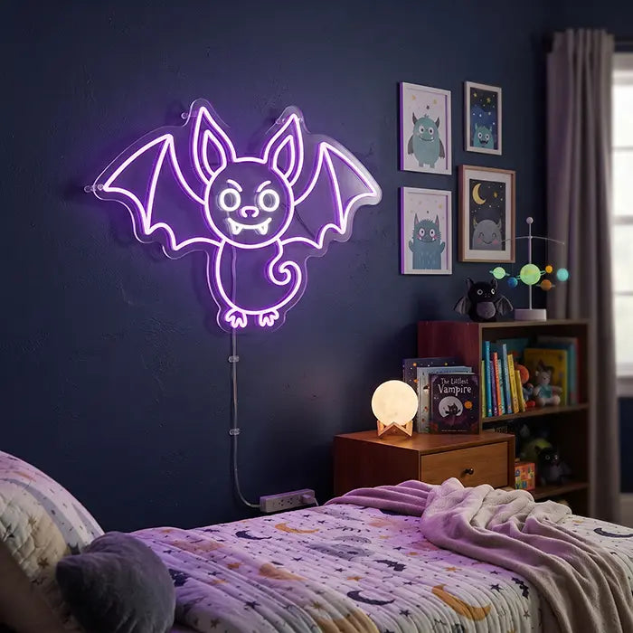 Fledermaus Freddy Neon LED Schild – Dimmbar mit Fernbedienung | Halloween Kinderzimmer Deko