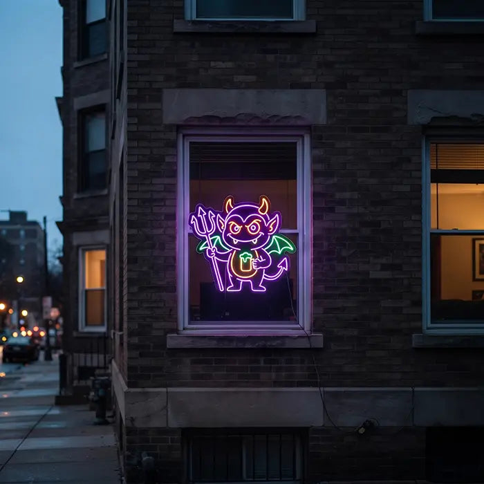 Teufel Neon LED Schild leuchtet am Abend aus einem Altbaufenster auf die Straße einer Stadt