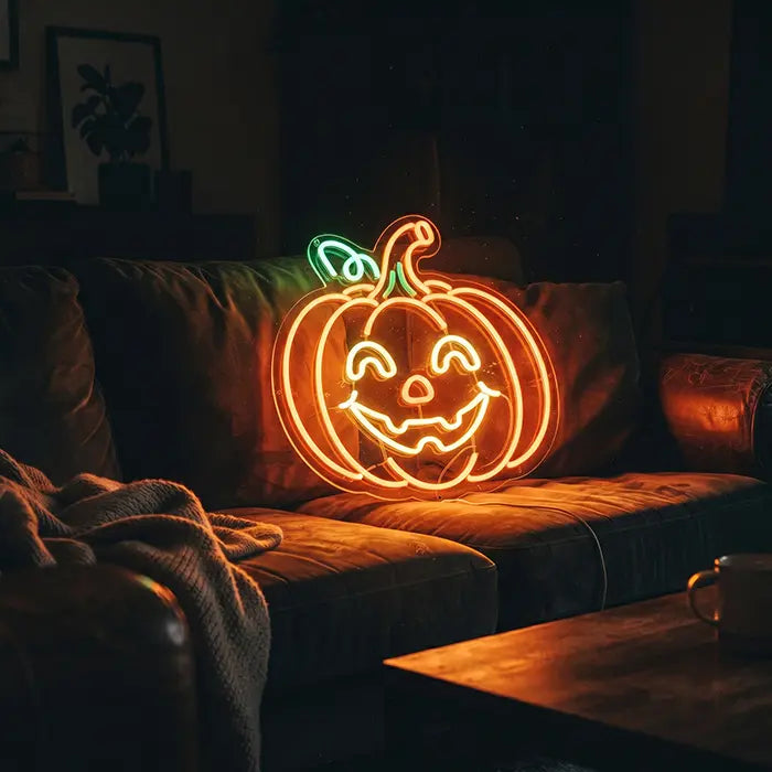 Glücklicher Halloween Kürbis Neon LED Schild – Dimmbar mit Fernbedienung | Halloween Deko