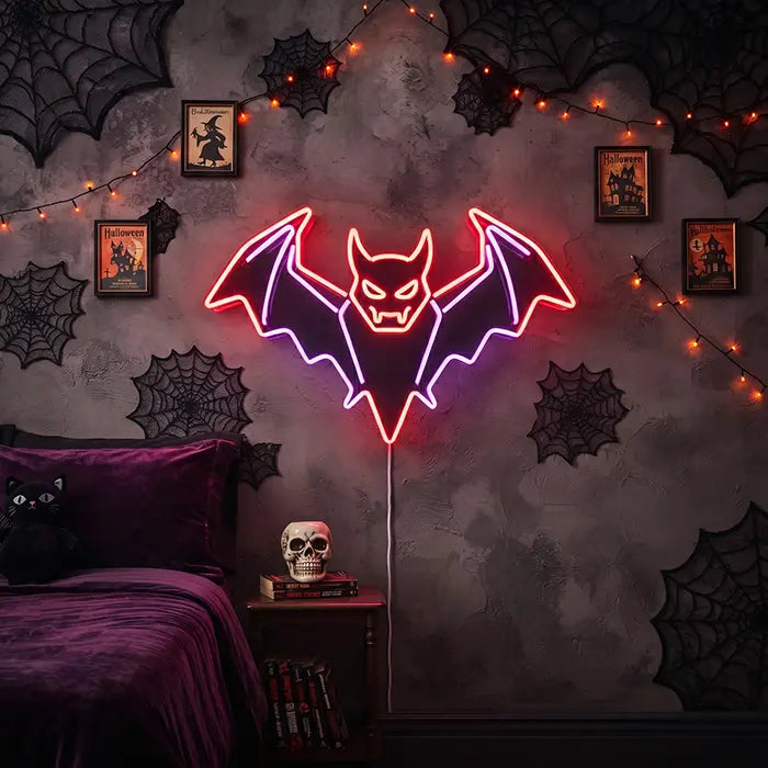 Blutsauger Fledermaus Neon LED Schild – Dimmbar mit Fernbedienung | Halloween Gothic Deko