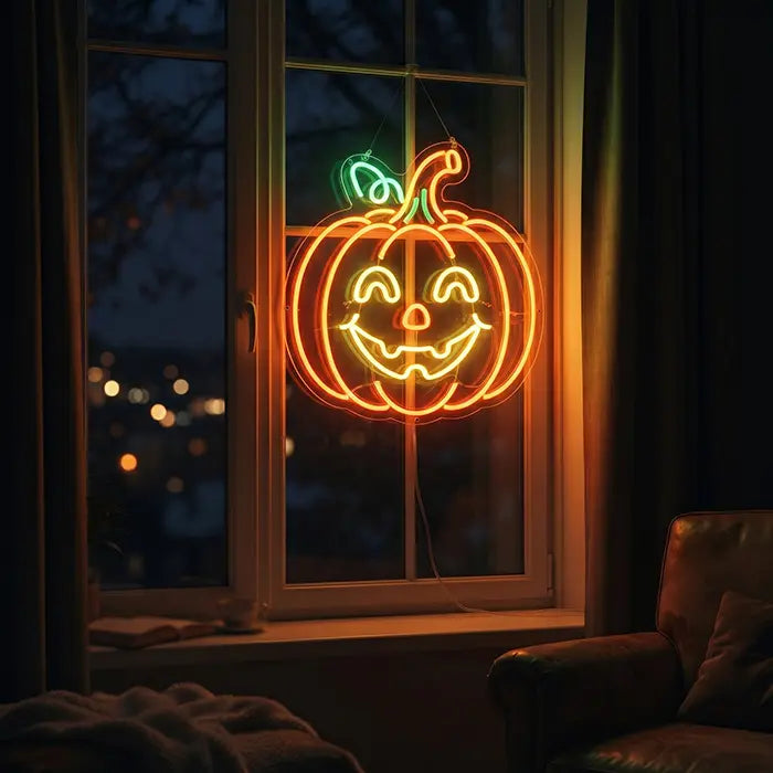 Glücklicher Halloween Kürbis Neon LED Schild – Dimmbar mit Fernbedienung | Halloween Deko