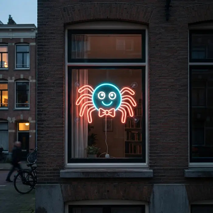 Süße Spinne Neon LED Schild – Dimmbar mit Fernbedienung | Kinderzimmer Halloween Deko