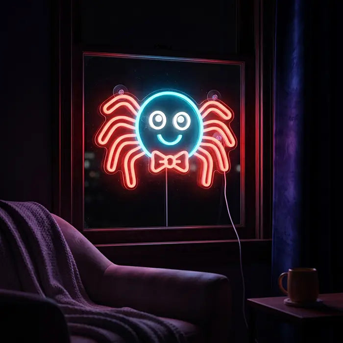 Süße Spinne Neon LED Schild – Dimmbar mit Fernbedienung | Kinderzimmer Halloween Deko