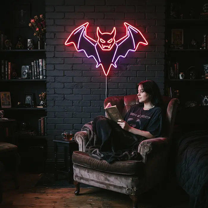 Blutsauger Fledermaus Neon LED Schild – Dimmbar mit Fernbedienung | Halloween Gothic Deko