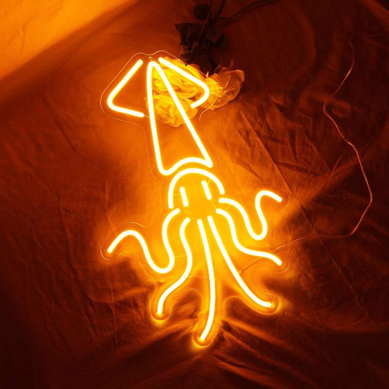 Goldener Tintenfisch Neon LED Schild USB – Maritime Wanddeko für Wohnzimmer