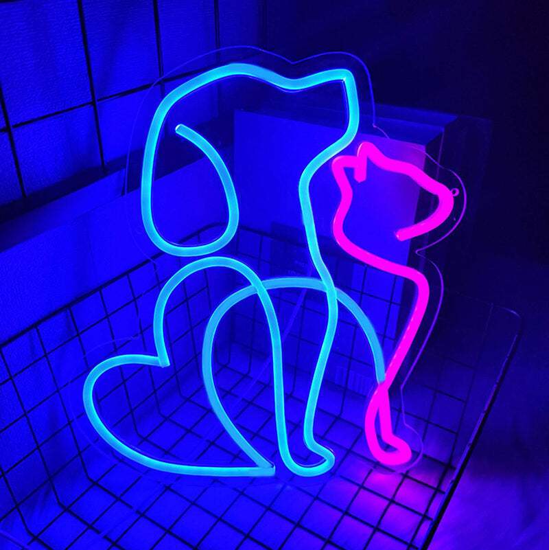 Hund und Katze Neon LED Schild USB – Tierliebhaber Wanddeko
