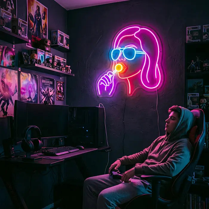 Girl mit Lollipop Neon LED Schild – Dimmbar mit Fernbedienung | Pop-Art Wanddeko