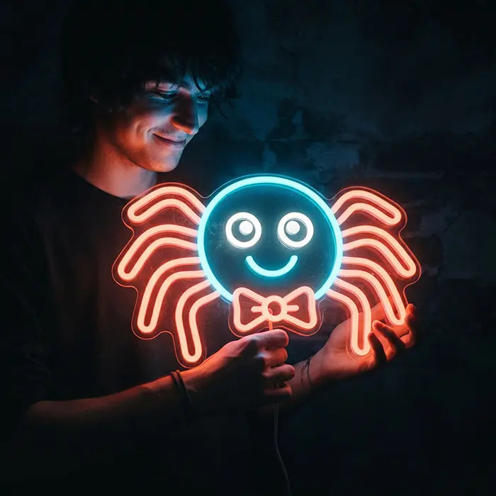 Süße Spinne Neon LED Schild – Dimmbar mit Fernbedienung | Kinderzimmer Halloween Deko