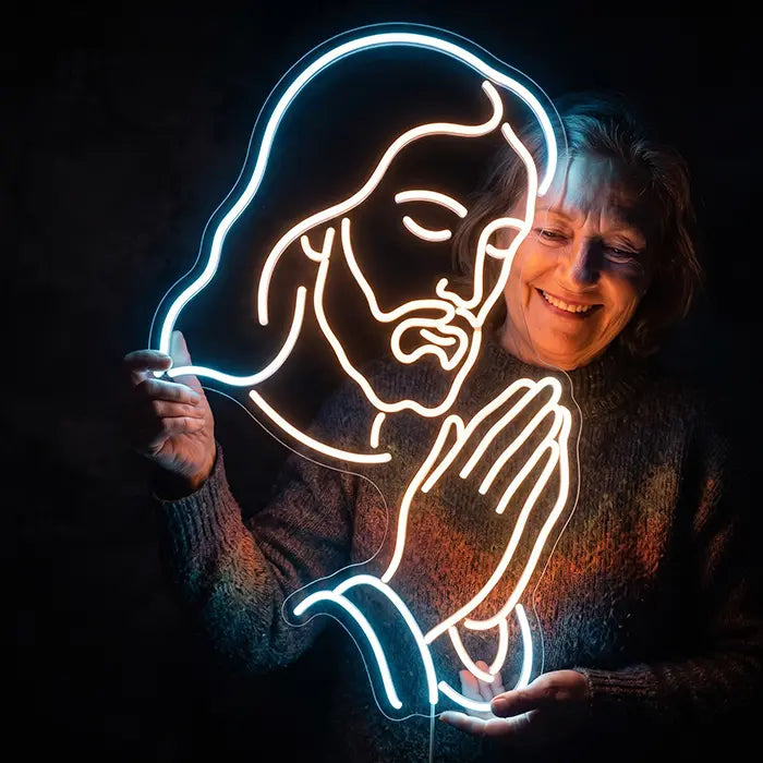 Bete mit Jesus Neon LED Schild – Dimmbar mit Fernbedienung | Christliche Wanddeko