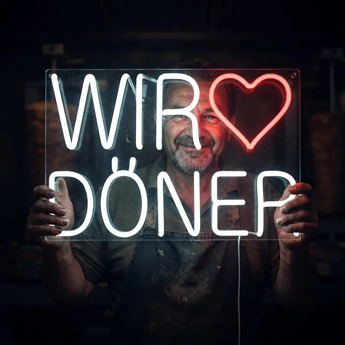 Wir lieben Döner Neon LED Schild wird von einem lächelnden Mann mit beiden Händen gehalten