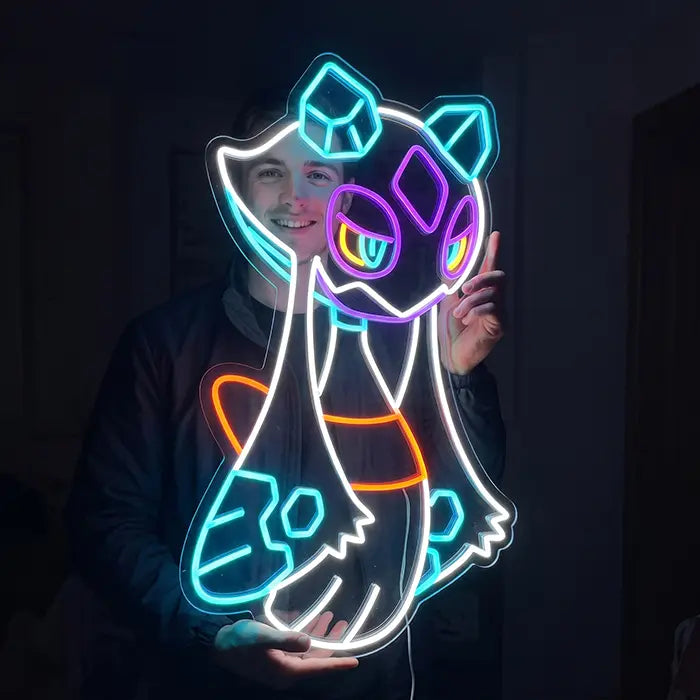 Pokémon Frosdedje Neon LED Schild von einem lächelnden Mann gehalten