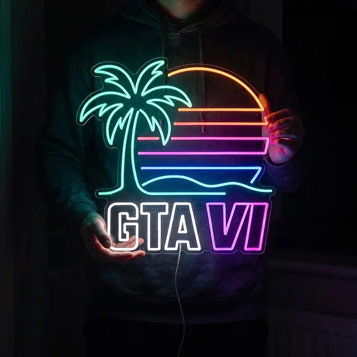 GTA VI Miami Set Neon LED Schild im Design Standard von einer Person vor dem Körper gehalten