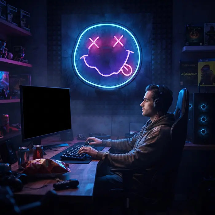 Smiley Neon LED Schild über dem Gaming-Setup mit Monitor, Tastatur und Headset am Schreibtisch