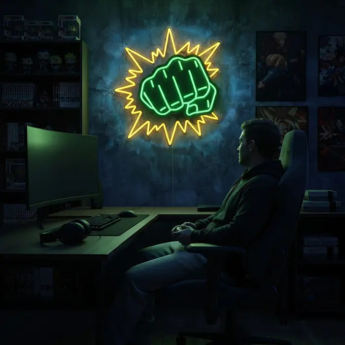 Hulk Faust Neon LED Schild an der Wand im Gaming-Zimmer hinter Monitor, Gaming-Stuhl und Sammelfiguren
