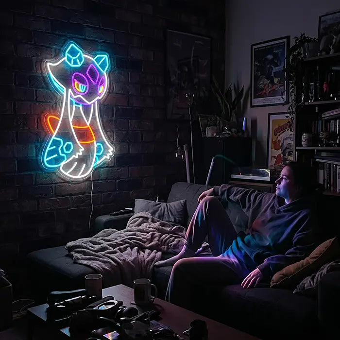 Pokémon Frosdedje Neon LED Schild an einer Backsteinwand über einer Person, die sich auf dem Sofa entspannt