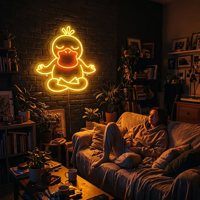 Pokémon Enton in Meditation Set Neon LED Schild, Design Good Vibes Enton: an einer Backsteinwand über einer Frau, die sich auf dem Sofa entspannt