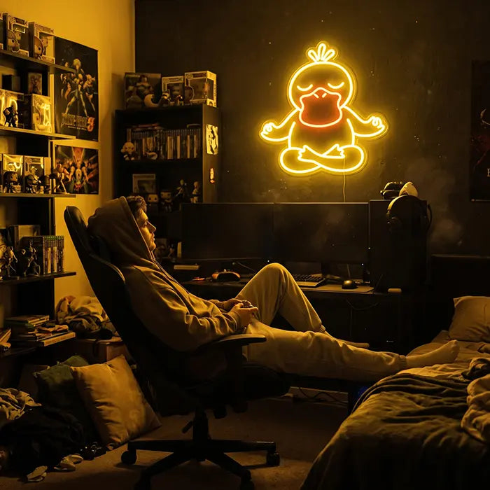 Pokémon Enton in Meditation Set Neon LED Schild, Design Good Vibes Enton: über einem Gaming-Schreibtisch mit Figurenregalen, davor ein Mann im Gaming-Stuhl