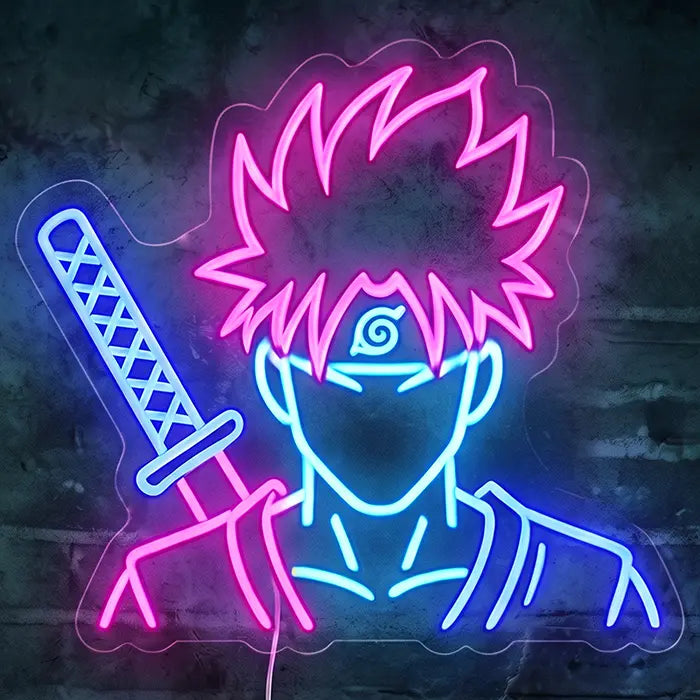 Anime Naruto Fighter Neon LED Schild Frontansicht an dunkler Wand, Konoha-Ninja aus Naruto mit pinken Stachelhaaren und Katana