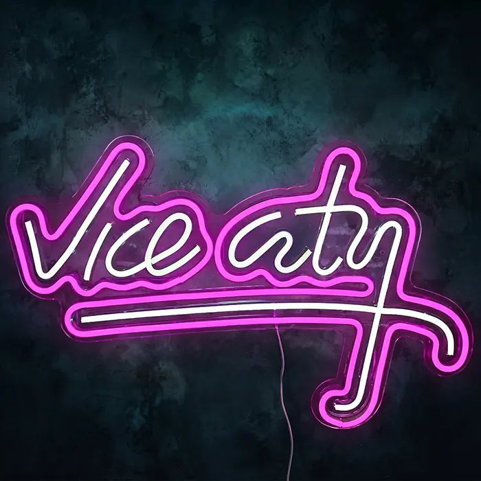 Vice City Original Neon LED Schild an einer dunklen Wand in leuchtendem Pink und Weiß