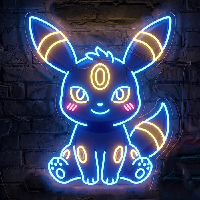 Pokémon Baby Nachtara Neon LED Schild frontal an einer Backsteinwand, die komplette Kontur leuchtet