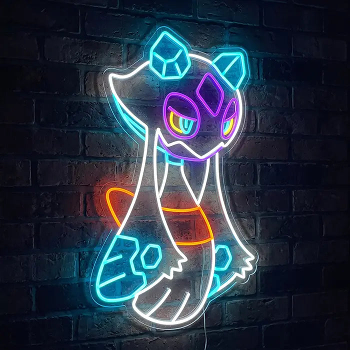 Pokémon Frosdedje Neon LED Schild Frontansicht an Backsteinwand, Eisblau, Violett und Rot leuchten