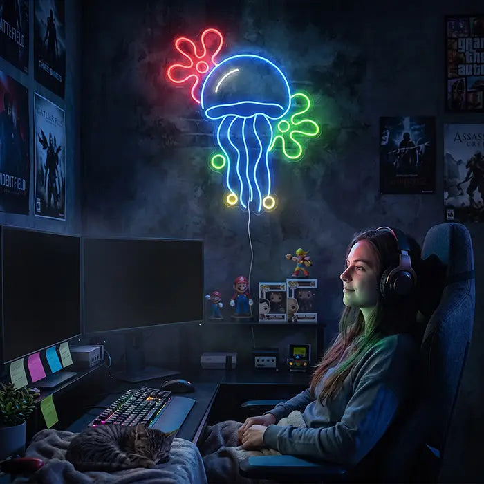 Qualle mit Blumenwolken Neon LED Schild über einem Gaming-Schreibtisch, davor eine Person mit Headset im Stuhl
