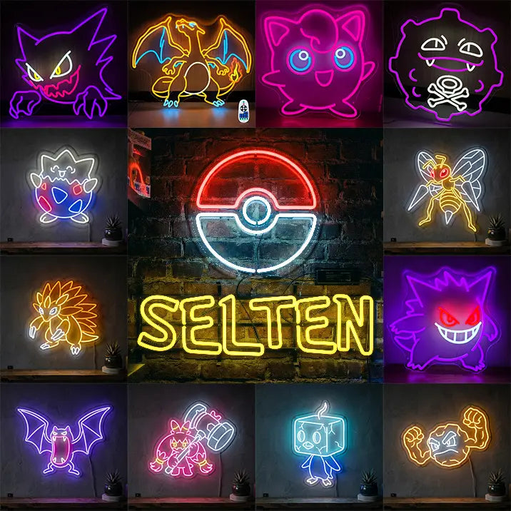 Seltene Pokémon Set Neon LED Schild – 12 Motive, dimmbar | Pokémon Sammler Deko