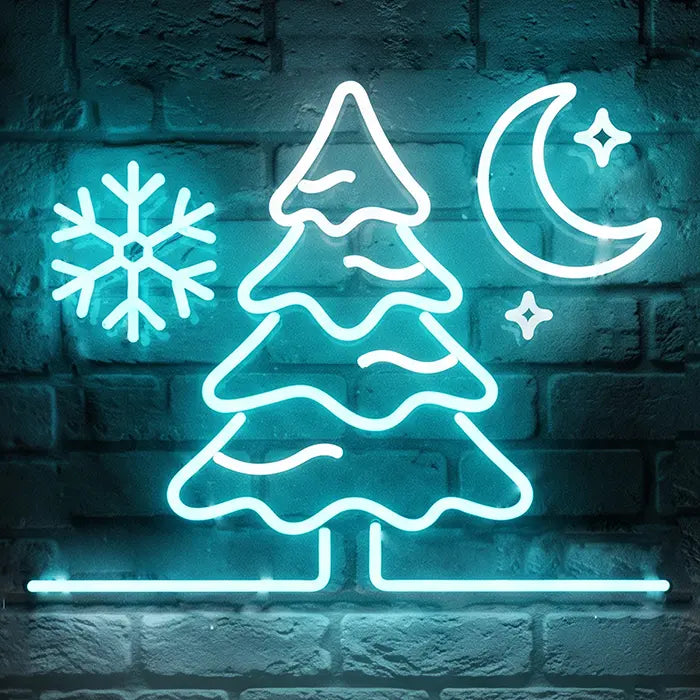 Winternacht Neon LED Schild Frontansicht an heller Backsteinwand, verschneite Tanne, Schneeflocke und Mondsichel in Eisblau